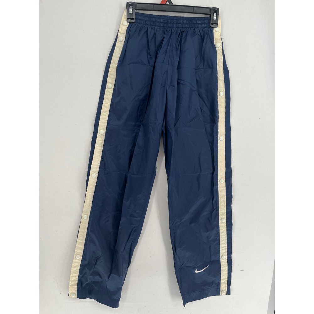 Vintage Nike Tear Away Track Pants Navy Blue Cream Stripe Snap Button Kids XL